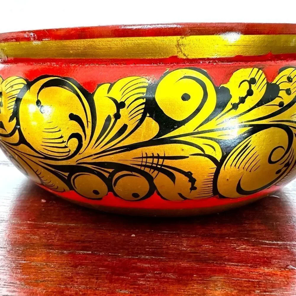 Vintage Wooden Lacquer Bowl Hand Made in Russia